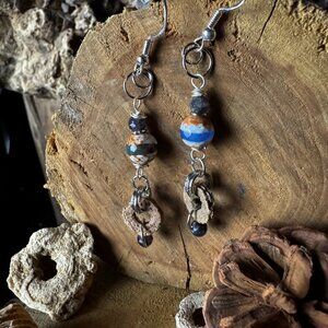Agate, Iolite & Crinoid Earrings